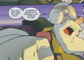 A Reploid old man shouts 'We can't run and we can't fight... somebody works us a miracle, 'cuz I refuse to die!'
