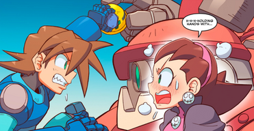 MegaMan and Tron grabbing a Met at the same time in the heat of battle, and Tron being embarrassed about this.