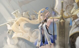 Konachan.com - 392560 armor blonde_hair blue_eyes breasts dress gloves halo horns kampher_(yek...jpg